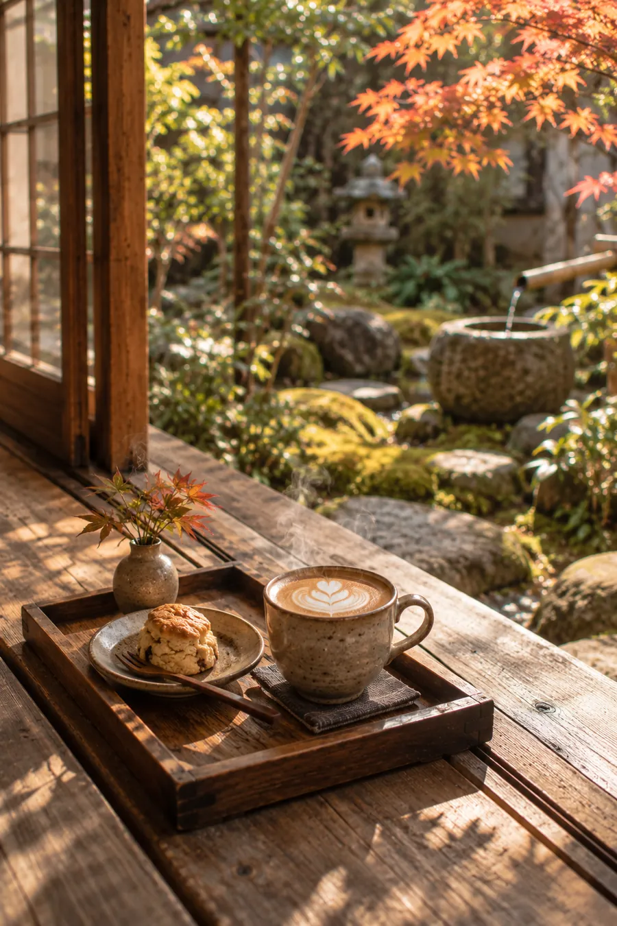 縁側の盆にのったカフェラテとスコーン。奥に紅葉の坪庭