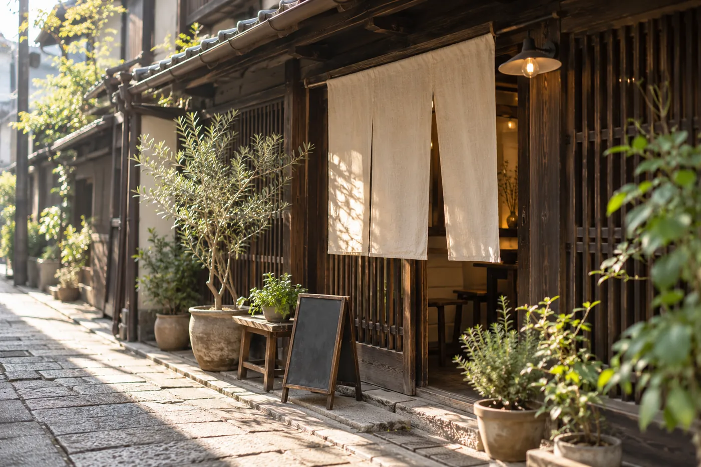 生成りの暖簾が掛かった町家の外観。石畳の路地に植木鉢が並ぶ
